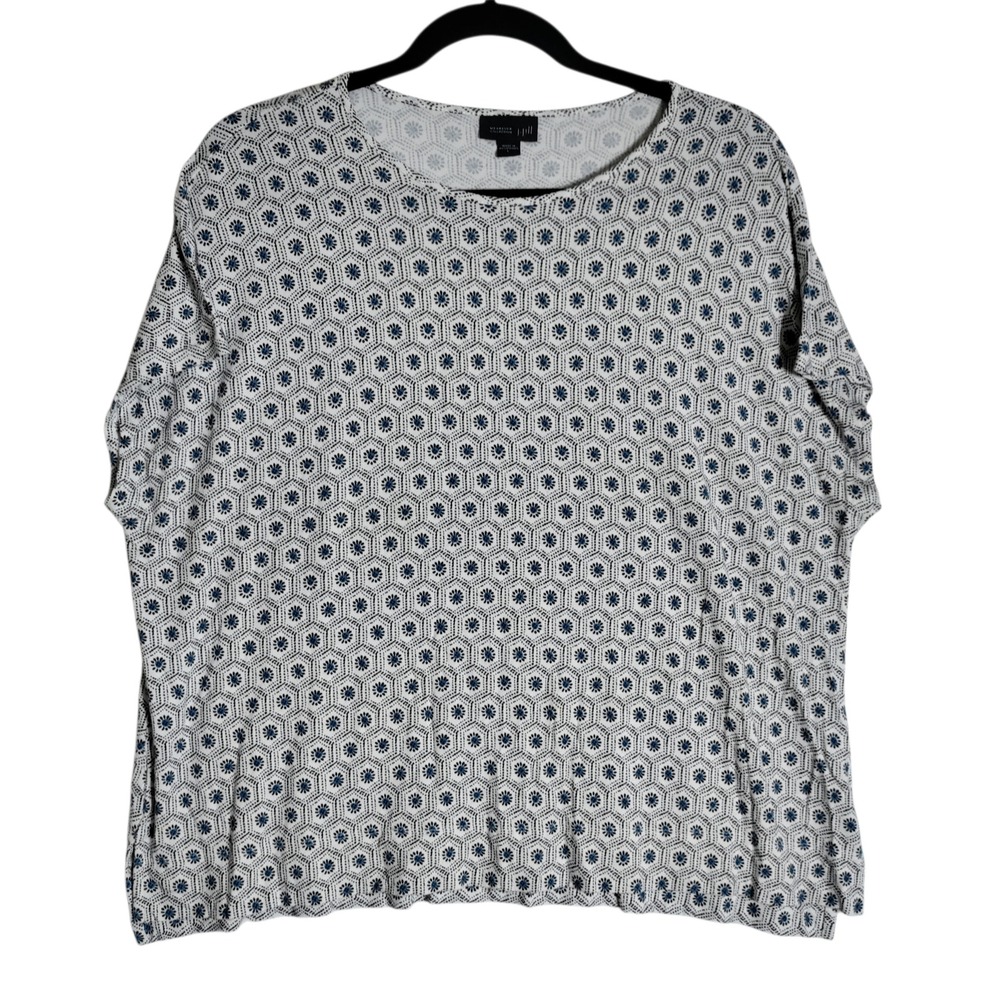 J. Jill Wearever Blue White Geometric Floral Knit Top Large Short Sleeve 3105